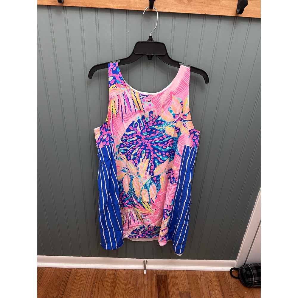 Lilly‎ Pulitzer Women's Tank silk dress Sleeveless Blue Pink Palm Print Size L